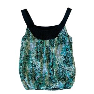 Wrapper Women's Y2K Sleeveless Black Green Abstract Sheer Print Blouse Large